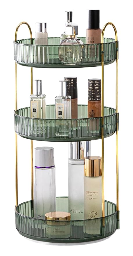 Makeup Organizer for Vanity, 360° Rotating Bathroom Organizer Countertop, High-Capacity Skincare Organizer, Spinning Cosmetics Organizer for Dresser Countertop (3 Tiers, Green)