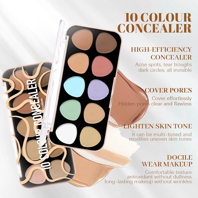 evpct 10 Colors Concealers Full Coverage Cream Contour Palette with Brush for Older Women, Under Eye Color Corrector Tri Color Pot Concealer Palette for Dark Circles Mature Skin Makeup, Waterproof, C1