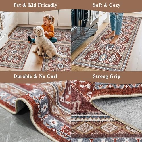 Washable Non-Slip Kitchen Rugs Set of 3 – Boho Soft Mats and Runner - Image 4