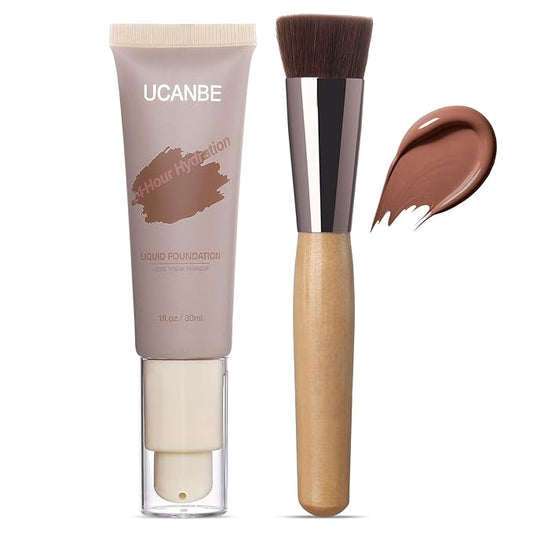 UCANBE Matte Liquid Foundation with Brush, Skincare Serum Foundation Face Makeup with Hyaluronic Acid, Medium to Full Coverage Waterproof Oil Control Longwear, for Mature Skin, Cocoa, 1 fl. oz.
