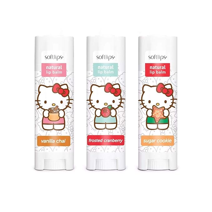 Hello Kitty Limited Edition Softlips Ornament Natural Lip Balm 3-Pack Vanilla Chai, Frosted Cranberry, Sugar Cookie, Holidays 2020