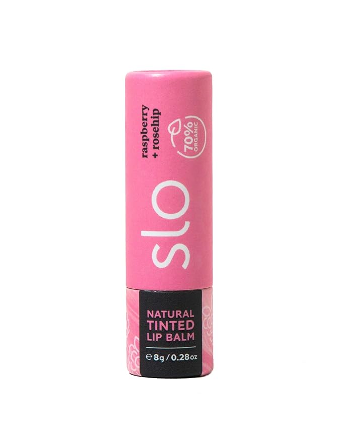 Slo | Natural Lip Balm - All Natural Ingredients, Vegan & Cruelty Free, Hydrating & Soothing, Plastic Free, Paper Packaging | Raspberry + Rosehip, 0.28oz