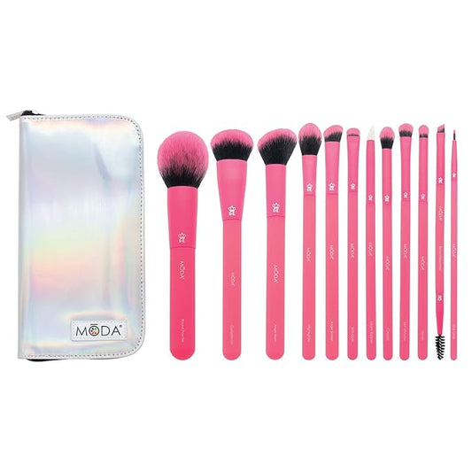 MODA Totally Electric Neon Full Face Makeup Brush Kit – 13pc Vibrant Brush Set for Face & Eyes with Zip Case (Neon Pink)