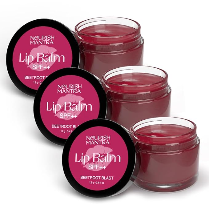 Nourish Mantra Beetroot Blast Lip Balm with SPF | Made with Olive oil, Shea Butter, Vitamin E and Avocado Oil | For Dry, Chapped & Dark Lips | Best for Both Women and Men | 12g (Pack of 3, Beetroot)