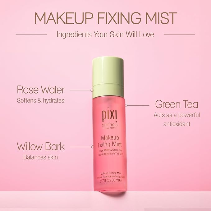 Pixi Beauty Makeup Fixing Mist 80ml, All Over Setting Spray For Longer Wearing Makeup, Rose Water and Green Tea Infused, 2.7 Fl Oz