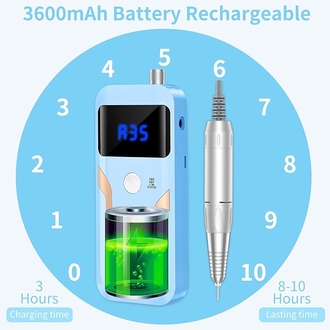 Portable Nail Drill Professional, 35000 RPM Rechargeable Electric Nail File Machine E File for Acrylic Nails Gel Polishing Removing, Cordless E-file with Bits Kit for Manicure Salon Home,Blue