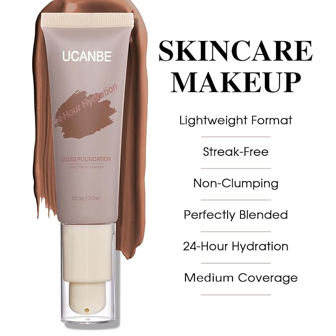 UCANBE Matte Liquid Foundation with Brush, Skincare Serum Foundation Face Makeup with Hyaluronic Acid, Medium to Full Coverage Waterproof Oil Control Longwear, for Mature Skin, Cocoa, 1 fl. oz.