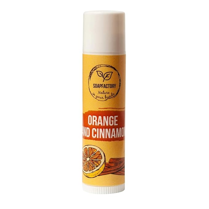 SoapFactory Natural Lip Balm for Dry cracked Lips with Orange and Cinnamon, Vegan, Organic Certified, Lip Care with Carnauba Wax for Women and Men, 0.17 ounce