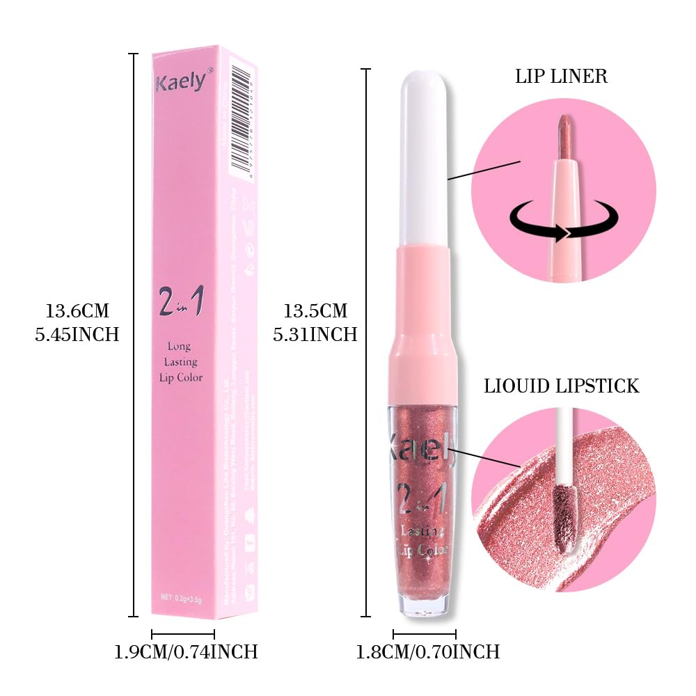 Kaely 2-in-1 Pink Red Metallic Lipstick and Lip Liner, Shimmer Liquid Metallic Lipsticks for Women, Glitter Lip Gloss Stain Long Lasting Waterproof Smudge Proof 24 Hour, Vegan Makeup, 09