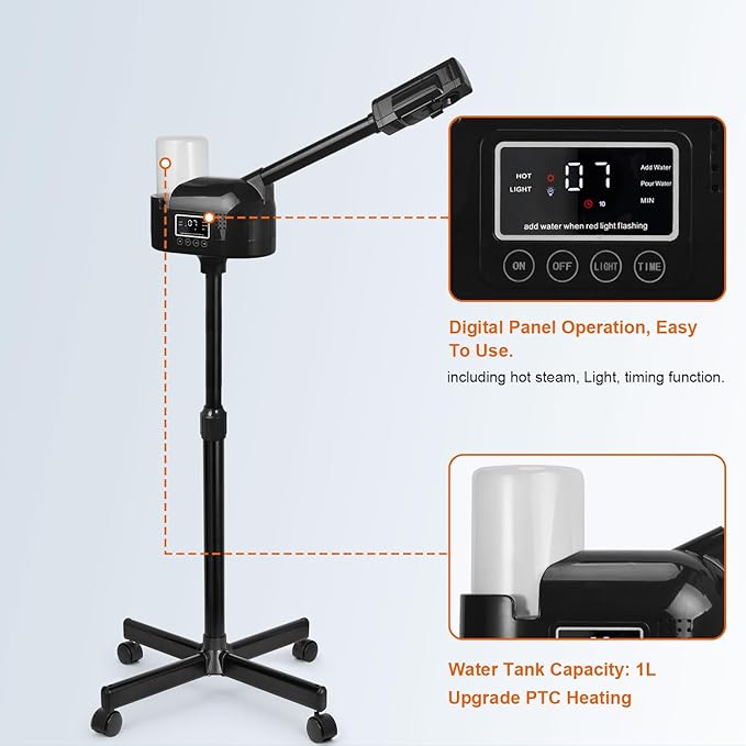 Professional Facial Steamer, Black Facial Steamer Upgrade PTC Heating, Esthetician Steamer Hot Mist Face Steamer for Salon Spa Beauty