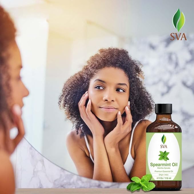 SVA Spearmint Essential Oil – 4 Fl Oz – 100% Natural Spearmint Oil - for Diffuser, Hair Care, Face, Skin Care, Aromatherapy, Scalp and Body Massage, Soap and Candle Making – with Dropper