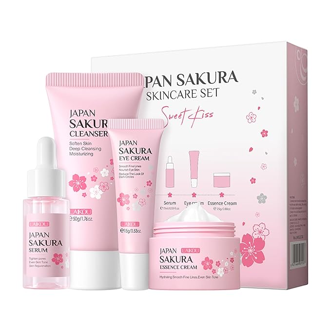 Skin Care Set JAPAN SAKURA Beauty Gift Sets Skin Care Kit with Cleanser, Serum, Eye Cream, Face Cream Travel Kit for Women Mom Wife Teen Girls Gentle Skin Cleaning TSA-friendly Sizes 4pcs