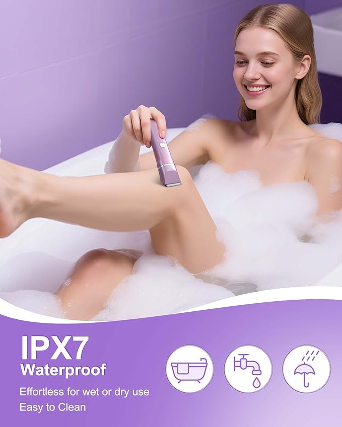 Dermave Bikini Shaver - 2 in 1 Waterproof Bikini Trimmer for Women Cordless Electric Razors for Women, Dry/Wet Use for Bikini, Armpit, Face, Rechargeable Shaver with Detachable Head, Pearl Purple