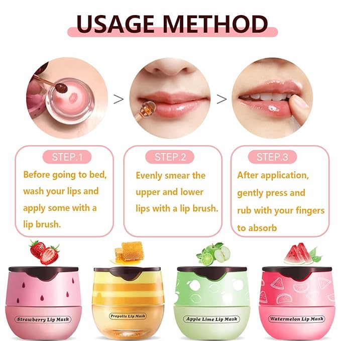 4 Pcs Honey Lip Balm, Strawberry Apple Watermelon Lip Mask, Moisturizing Lip Sleeping Mask, Hydrate Repair Prevent Dry Cracked Lip (Honey+Strawberry+Apple Lime+Watermelon)