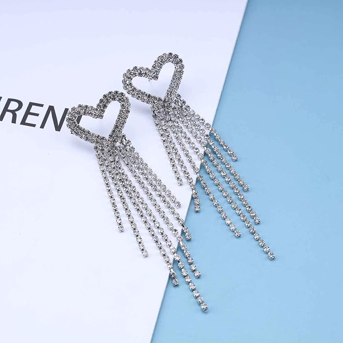 Boho Rhinestone Heart Tassel Earrings Long Tassel Chain Dangle Earrings Silver Crystal Cz Love Heart Studs Earrings Long Chandelier Dangle Earrings Wedding Cz Fringe Chain Earrings Jewelry for Women and Girls