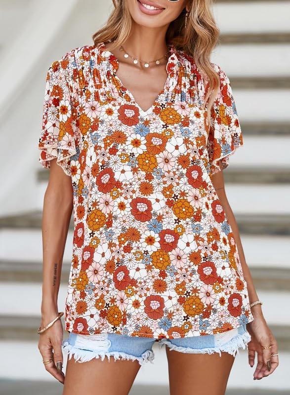 SHEWIN Women's Casual V Neck Floral Print Smocked Short Sleeve Chiffon Blouses Bohemian Top Shirts