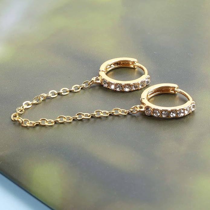 Boho Double Chain Hoop Earrings Gold Cz Hoop Chain Earrings Punk Dangle Chain Earrings Rhinestone Huggies Studs Earrings Jewelry for Women and Girls Gifts