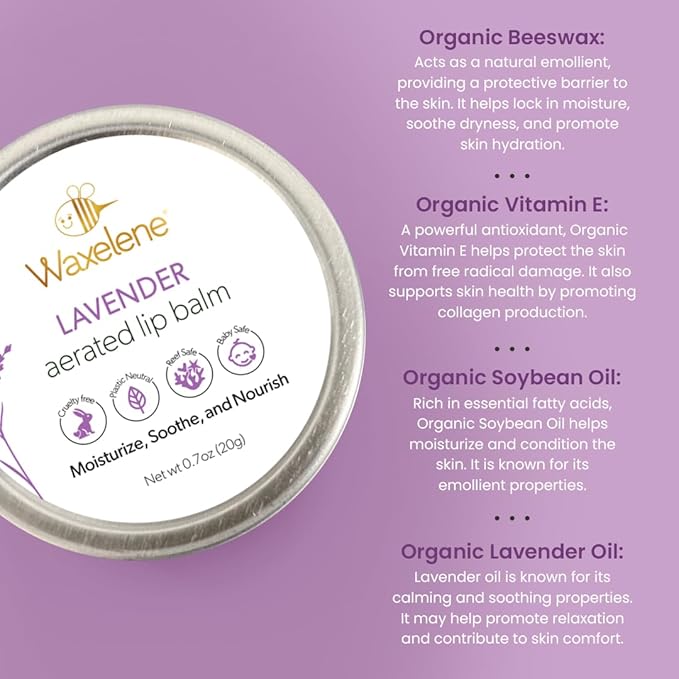 Waxelene Lavender Aerated Lip Balm Tin 4 Piece, Best Lip Balm Ever Organic Calming Multipurpose Ointment Baby Eczema Dry Skin Face Moisturizer
