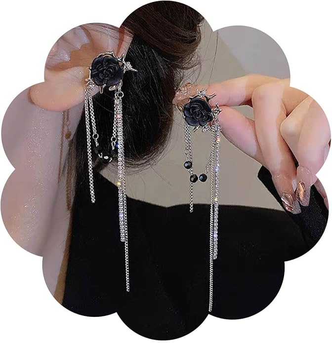 Punk Black Rose Flower Earring Long Rhinestone Chain Drop Earrings Silver Cz Tassel Chain Earrings Black Rose Flower Ear Cuff Earring Jewelry for Women