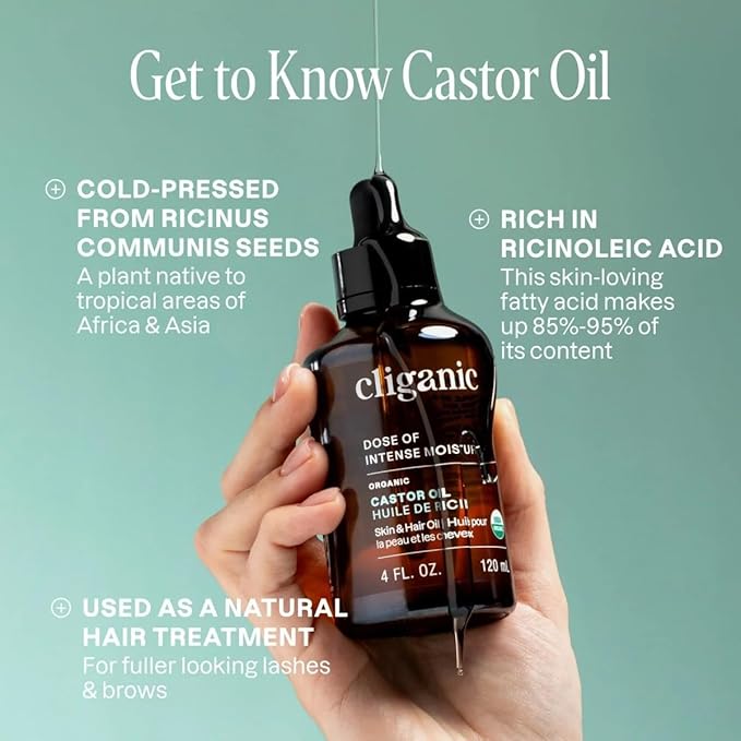 Cliganic Organic Castor Oil, 100% Pure (2oz Glass Bottle with Eyelash Kit) - For Eyelashes, Eyebrows, Hair & Skin (Packaging May Vary)