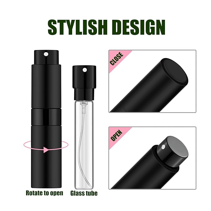 2 PCS/8ml Portable Mini Perfume Atomizer bottles, Empty Refillable Spray Bottle with 3 Types of Refill Tools, Pocket Travel Perfume Sample Bottles(Matte Black&Silver)