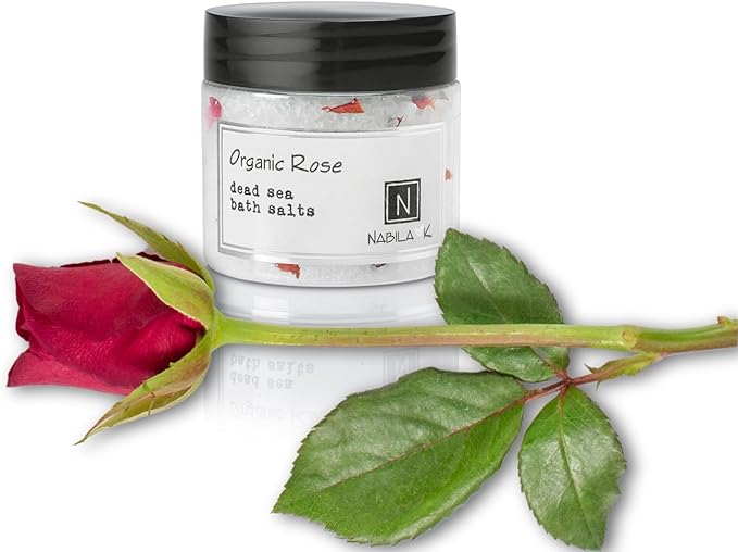 Organic Rose Bath Salts by Nabila K - Dead Sea Salt & Epsom Salt Scrub & Soak - Exfoliates & Hydrates Skin, Botanical Essential Oils - Bubble Bath Accessories for All Skins Types, 2 oz