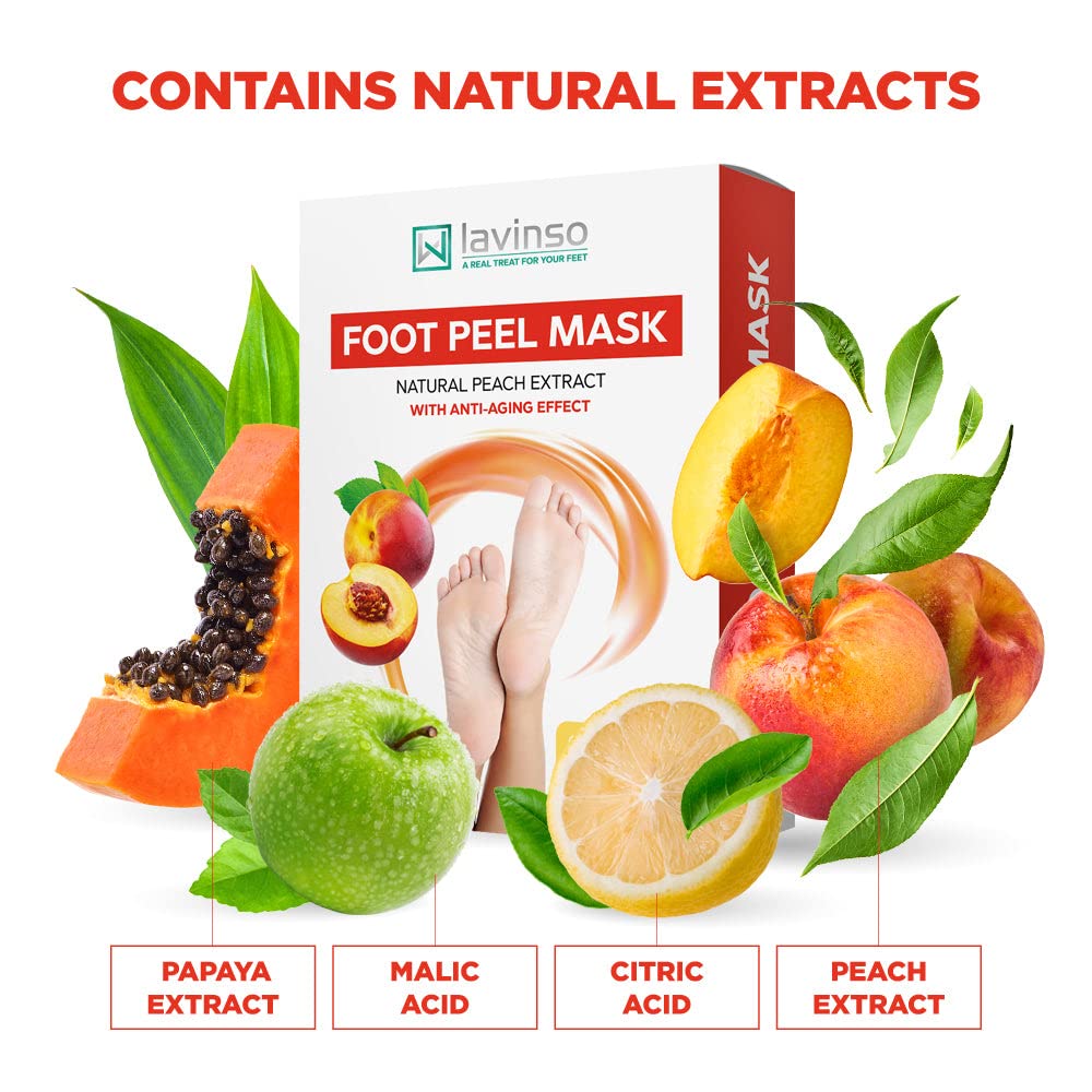 Lavinso Peach Foot Peel Mask for Dry Cracked Feet - 4 Pack - Dead Skin Remover Foot Mask for Cracked Feet and Callus - Exfoliating Feet Peeling Mask for Soft Baby Feet