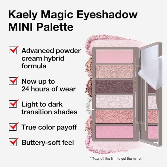 evpct 6 Colors Travel Eye Shadow Palette Makeup, Light Baby Pink Champagne Mink Mauve Pearl White Rose Shimmer Glitter Sparkly High Pigment Mini Eyeshadow Palette for Older Women, Built in Mirror
