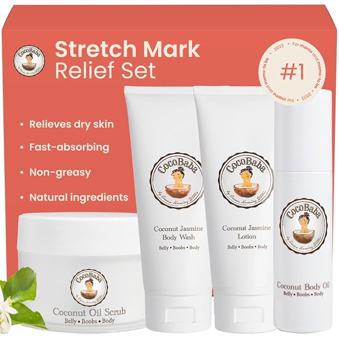 Cocobaba Stretch Mark Relief Set - Belly oil for pregnancy care package | Stretch Mark Cream for Pregnancy | Body wash | Body scrub | First time mom gift | Pregnancy Must have