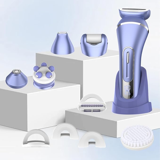 Electric Shavers for Women, 7 in 1 Hair Removal Kit with Epilator Bikini Trimmer Face Razor Body Brush Face Massager Foot Callus Remover, IPX7 Waterproof Lady Razors Set for Legs Armpit Bikini Pubic