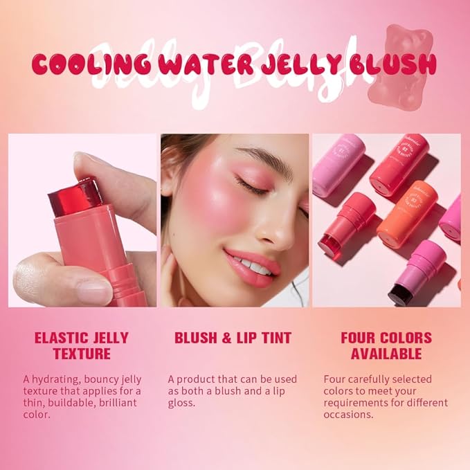 Multi-Use Cooling Water Jelly Blush/Lip Tint & Eye Shadow - Sheer Stain withBuildable Watercolor Finish - Long-Lasting Moisture - 1,000+ Swipes Per Stick - Jelly Texture for Lip & Cheek (Poppy Pink)