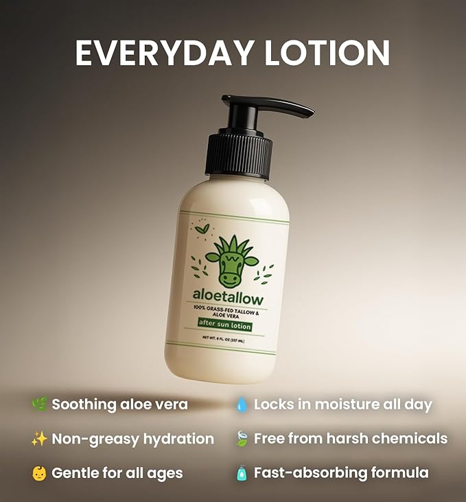 After Sun Lotion for Sunburn Relief & Tan Extender – Aloe Vera & Grass Fed Tallow with Shea & Cocoa Butter – Non-Toxic Daily Body Moisturizer for Dry Skin, Face & After Tanning