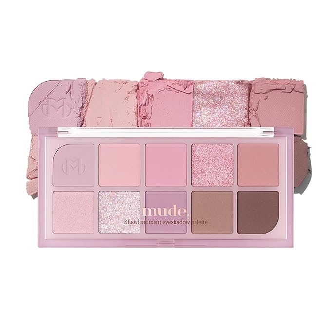 mude Shawl Moment Eyeshadow Palette Matte Shimmering Glitter Layering 10 Shades Highly Pigmented Blendable Color with Soft Texture Korean Makeup Eye Palette K-beauty