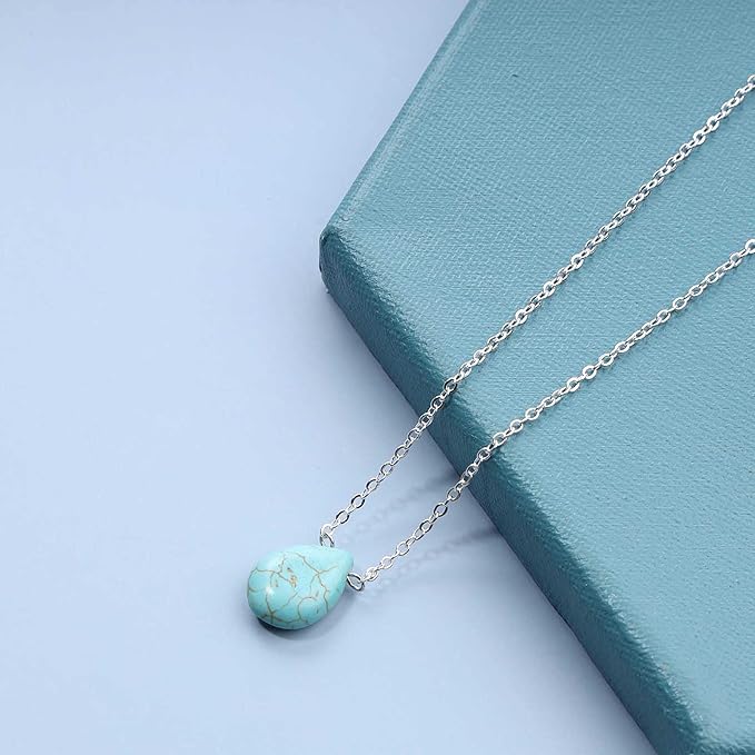 Boho Long Turquoise Necklace Silver Teardrop Turquoise Necklace Blue Turquoise Pendant Necklace Vintage Long Pendant Chain Necklaces Jewelry for Women and Girls