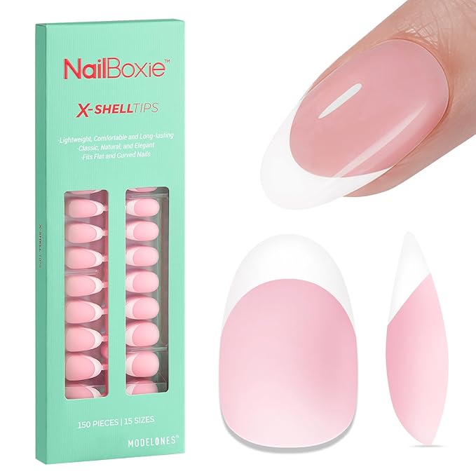 modelones French Tip Press on Nails, 150Pcs Short Almond Fake Nails with Nail Box, Pink Gel Nail Tips for Women, Soft Glue-On Nails for Natural Salon Look, DIY Nail Art Kit (15 Sizes)