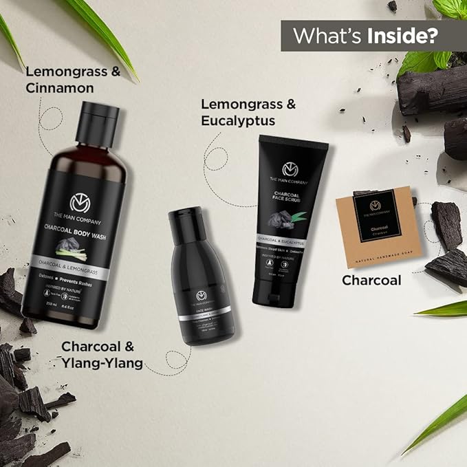 The Man Company Ultimate Charcoal Detan Kit with Elegant Gift Box | Charcoal Body wash, Shampoo, Face Scrub, Face wash, Charcoal Soap, Cleansing gel, Charcoal Sheet mask*2 (Set of 8)