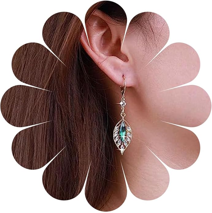 Vintage Crystal Emerald Leaf Dangle Earrings Green Rhinestone Leaf Drop Earrings Green Cz Leaf Earrings Crystal Leaf Hoop Earrings Jewelry for Women
