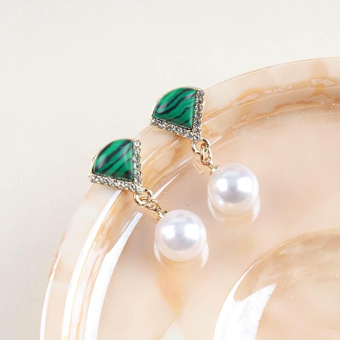 Vintage Cz Emerald Pearl Earrings Gold Pearl Drop Earrings Triangle Emerald Earrings Geometric Emerald Stud Earrings Jewelry for Women and Girls