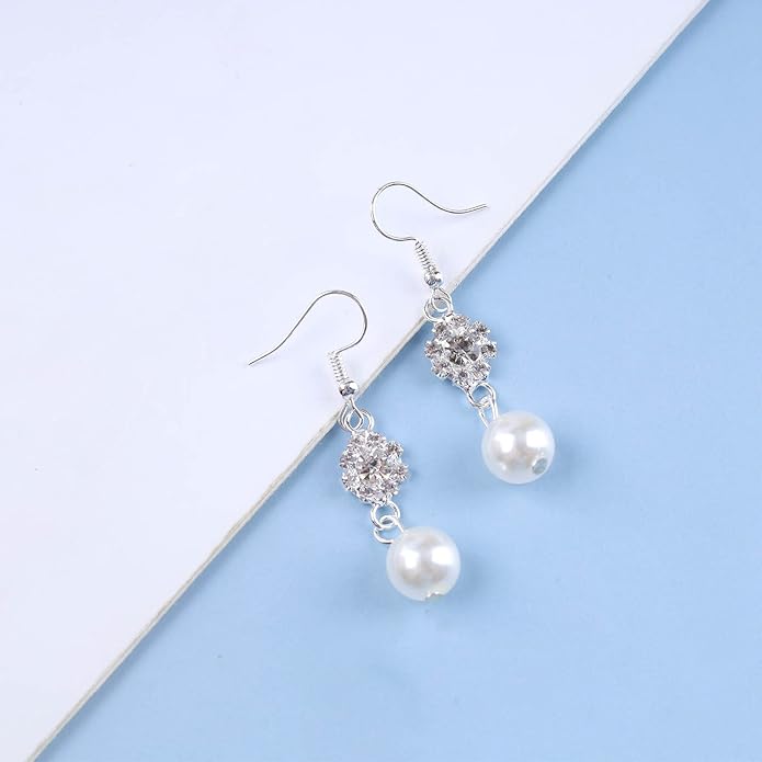 Vintage Rhinestone Pearl Drop Earrings Crystal Flower Dangle Earrings Silver Pearl Earring Cz Flower Hook Earrings Jewelry for Women