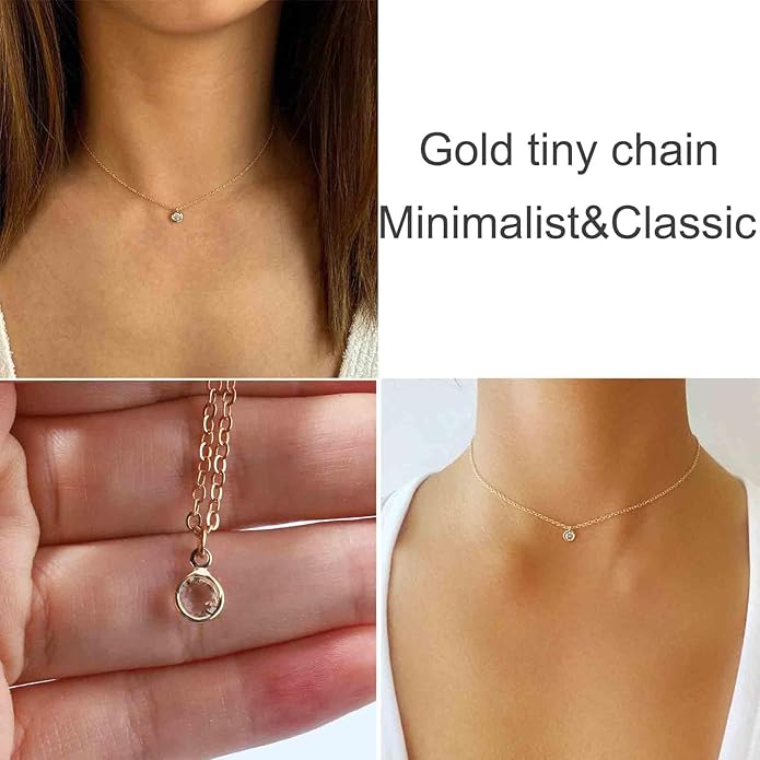 Boho Tiny Crystal Choker Gold Clear Quartz Pendant Necklace Minimal Dot CZ Choker Necklace Simple Everyday Necklace Wedding Necklace Jewelry for Women and Girls Gifts