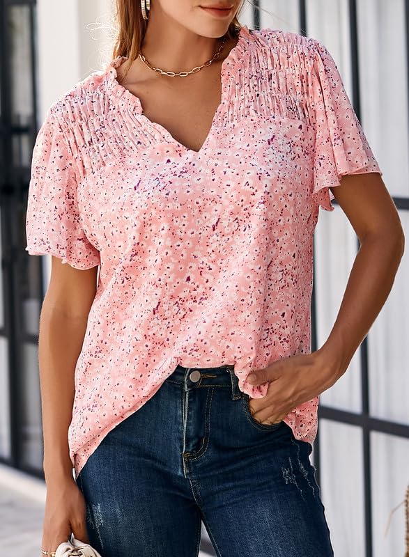 SHEWIN Women's Casual V Neck Floral Print Smocked Short Sleeve Chiffon Blouses Bohemian Top Shirts
