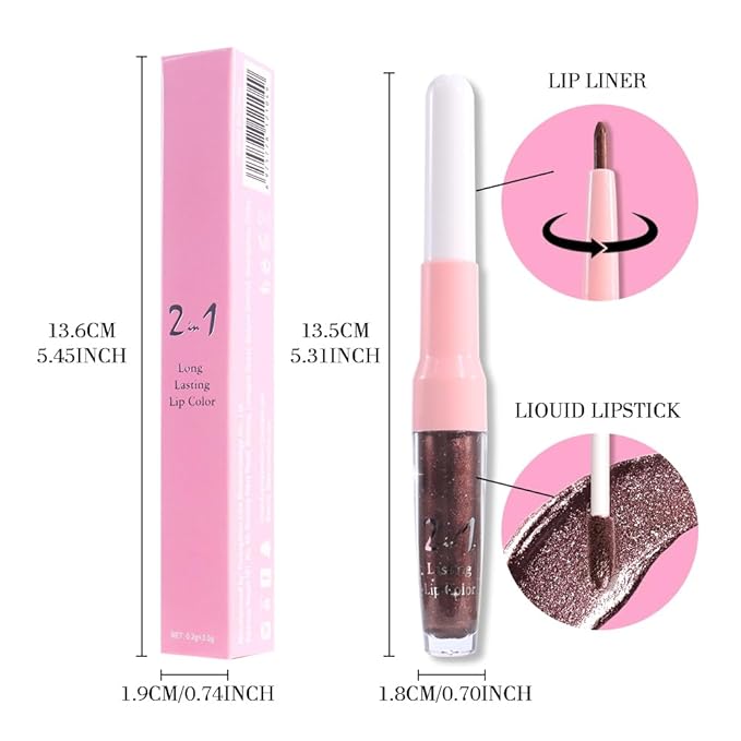 evpct Dark Brown Metallic Glitter Lip Liner and Lipstick Combo Lip Gloss Stain Set Makeup for Women Long Lasting Waterproof 24, Chocolate Metallic Shimmer Frosted Iridescent Shiny Liquid Lipstick 11