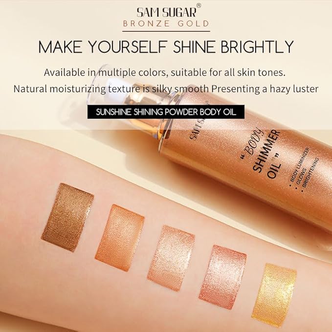 Shimmer Body Oil, Long Lasting Moisturizing Body Glow Glitter for Women Face Luminizer Highlighter Makeup 100ml Shimmer Oil for Glowing Skin Lotion (Gold)
