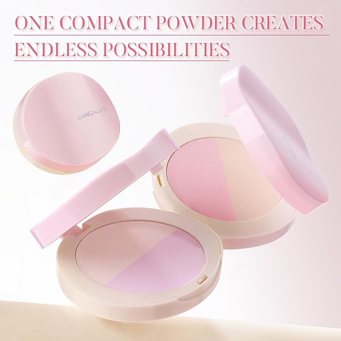 Pink Setting Powder, 3 in 1 Blush Palette with Puff, Highlighter Palette, Fine Texture Blush Pressed Powder, Setting Powder Makeup, Korea Makeup - Purple