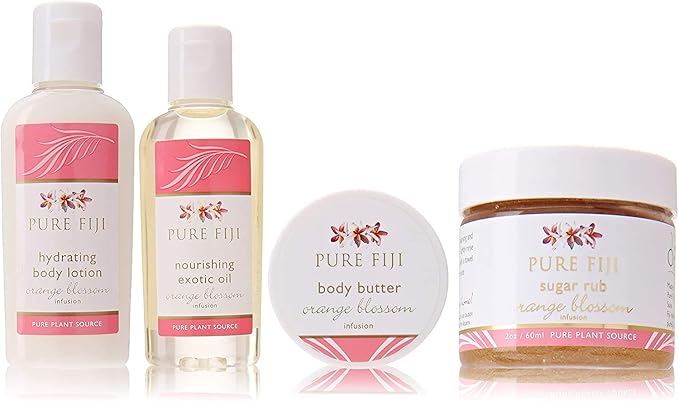 Pure Fiji Spa Gifts for Women and Man - Body Gift Box Include: Sugar Scrub, Bath and Body Oil, Body Butter and Body Lotion, Scent Orange Blossom