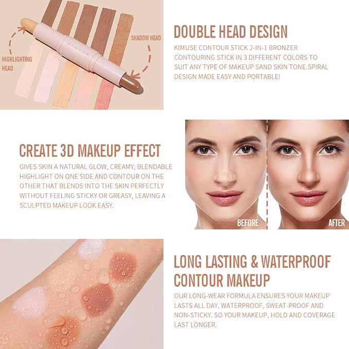 KIMUSE 2 Color Dual Cream , Highlight & Contour Bronzer Stick, Long Lasting & Waterproof Contour Sticks Kit for Light Skin Face Makeup