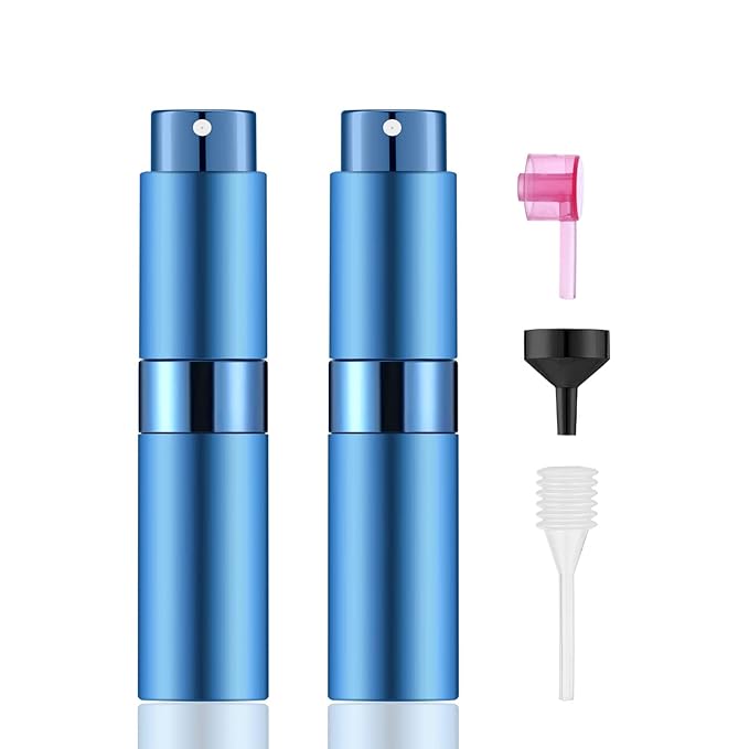 2 PCS/8ml Portable Mini Perfume Atomizer bottles, Empty Refillable Spray Bottle with 3 Types of Refill Tools, Pocket Travel Perfume Sample Bottles(Blue)