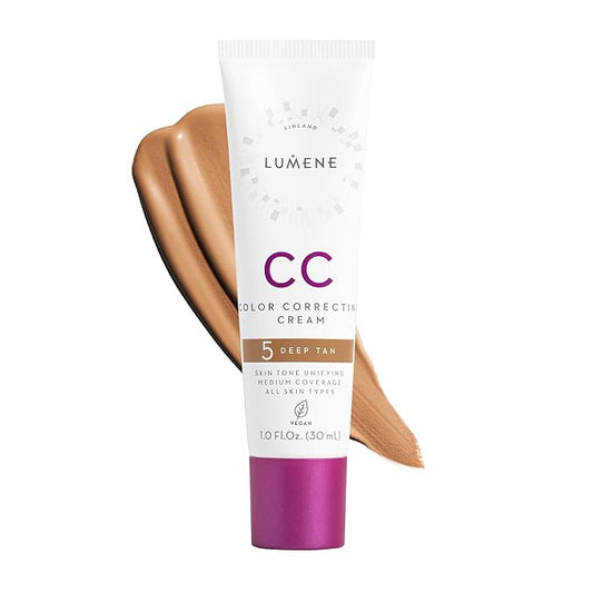 Lumene Color Correcting CC Cream - Lightweight Foundation - Medium Coverage - Redness Reducing Face Makeup for Glowing Complexion - Vegan Formula + Suitable for All Skin Types - Deep Tan (1 fl oz)