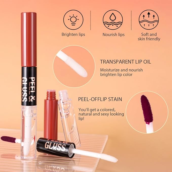 2Pcs Lip Stain Peel Off Lip Gloss oil Dual-Ended Combo, Lips Liner Stain Peel Off Masque, Long Lasting & Waterproof, Transfer-Proof Lip Tint Stain with Lip oil for All Skin Type 06#+07#