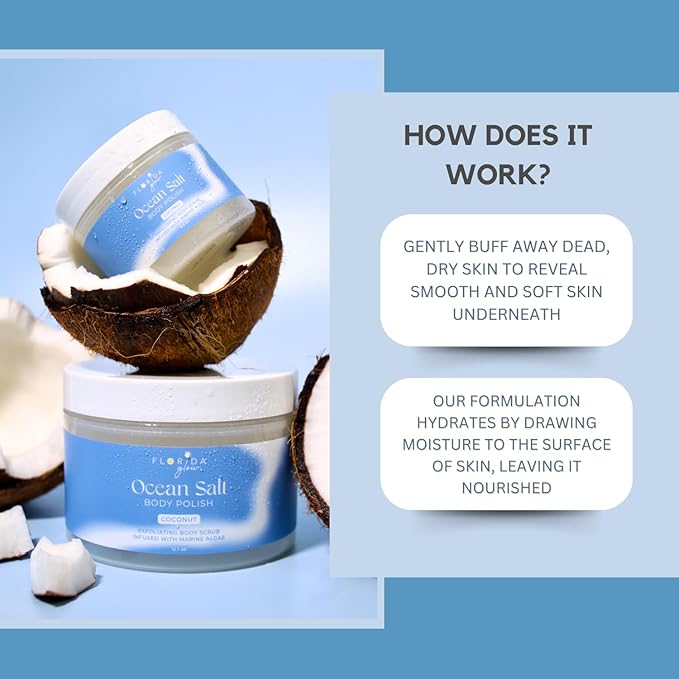 Sea Salt Body Scrub by Florida Suncare - Ocean Salt Body Polish Infused with Marine Algae - Exfoliating Face and Body Scrub - Facial Scrub Exfoliator to Tackle Acne and Scars (Coconut, 12.1 oz)